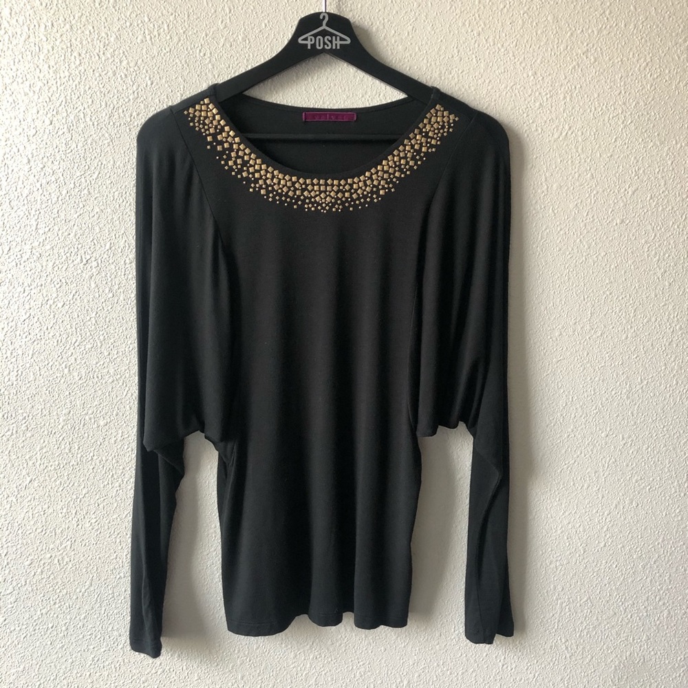 Velvet by Graham & Spencer Black Gold Studded Dolman Top Size Petite